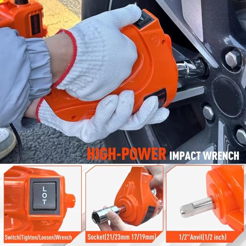 Electric Car Jack Kit 5 Ton 12V Hydraulic Floor Jack with Impact Wrench and Inflatable Pump for SUV Car Emergency Repair Tire Change Kit with LED Light - color: Orange With Wrench