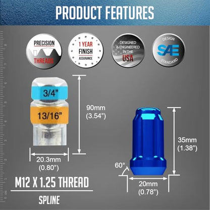 Wheel Accessories Parts 20 Pcs M12x1.25 12x1.25 Thread Car Spline 1.38" 35mm Long Lug Nuts Blue Spline Hex Fits Most Subaru Pass Cars ｜ Nissan Pass Cars - color: Blue, size: 20 Pcs, style: Spline