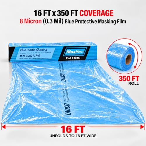 MAXIFILM 16ft x 350ft Roll of Blue Overspray Paintable Masking Plastic Sheeting -8 Micron, 0.3 Mil, Protective Masking Film Cover, Auto Painting, Cover Cloth Home Walls Furniture (1, 16ft x 350ft)