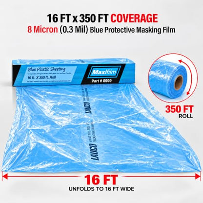 MAXIFILM 16ft x 350ft Roll of Blue Overspray Paintable Masking Plastic Sheeting -8 Micron, 0.3 Mil, Protective Masking Film Cover, Auto Painting, Cover Cloth Home Walls Furniture (1, 16ft x 350ft)