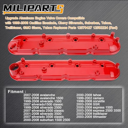 Upgrade Aluminum Engine Valve Covers Compatible with 1999-2008 Cadillac Escalade Chevy Silverado, Suburban Tahoe Trailblazer GMC Sierra Yukon Replaces Parts 12570427 12582224 - color: RED(Aluminum)
