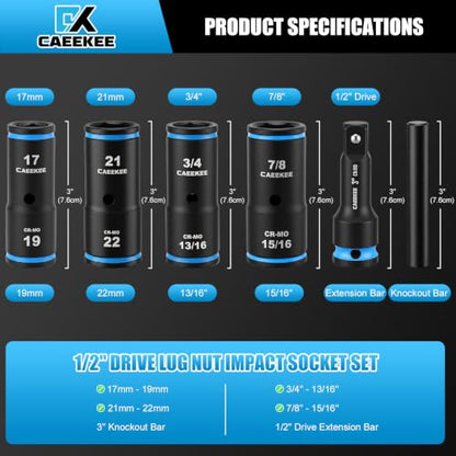 1/2" Drive Flip Lug Nut Impact Socket Set, 6PCS Dual-End Thin Wall Socket, Metric & SAE, 17, 19, 21, 22, 3/4", 13/16", 7/8", 15/16", CR-MO Steel, Includes 3" Extension Bar & Knockout Bar - size: 6PCS Standard Metric & SAE