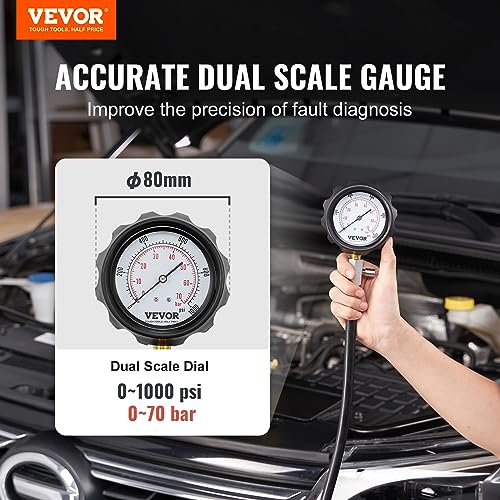 VEVOR Diesel Engine Compression Tester, 18 pcs Cylinder Pressure Test Tool Kit, with 0-1000 psi Gauge and Adapters, Diesel Injector Tester Check Cylinders in Diesel Trucks, Tractors, Equipment