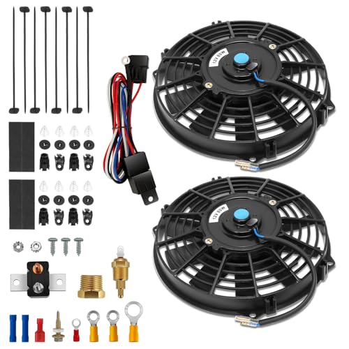 Auto Dynasty 9" Dual Electric Radiator Cooling Fan Switch Relay Kit, Black - color: Black, size: 9 Inch w/Thermostat Wiring Switch Relay Kit