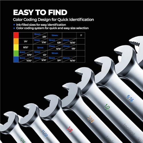 toolant Max Grip 15pcs Professional SAE Combination Wrench Set with Long Pattern Offset Heads Anti-Slip Teeth & Color-Coded Markings for Machinist, Auto, maintenance, DIYer - size: SAE(1/4-1")