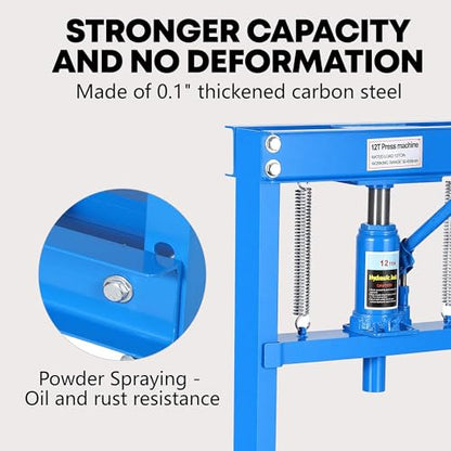 GAOMON Heavy Duty 12 Ton Hydraulic H-Frame Shop Press – Adjustable Table & Stamping Plates – Manual Hydraulic Power for Automotive, Garage, Bearing Removal, Metalworking – 12T, Blue