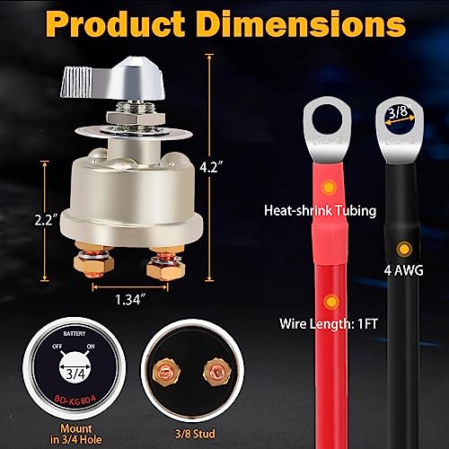 FEITON 12-48V Battery Disconnect Switch, 200A Heavy Duty Master Switch - color: Switch & Cables