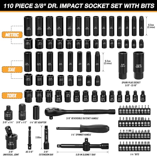 110-Piece Metric 3/8" Drive Impact Socket Set and SAE CR-V Sockets