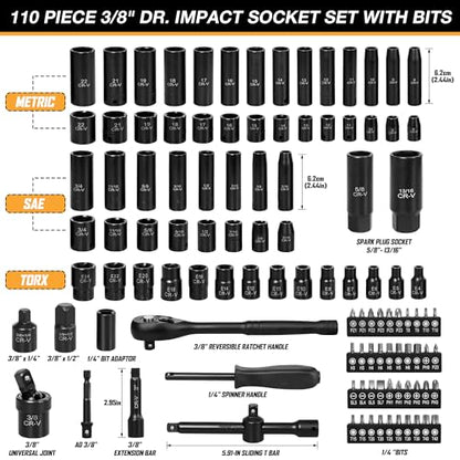 110-Piece Metric 3/8" Drive Impact Socket Set and SAE CR-V Sockets
