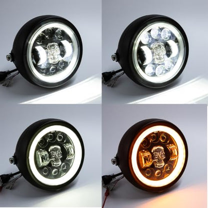 Motorcycle Headlight 5.75 inch Round LED with Mounting Brackets Assembly, Front Headlamp with DRL High/Low Beam for Cafe Racer E-bike Bobber Chopper (Style F) - style: Style F