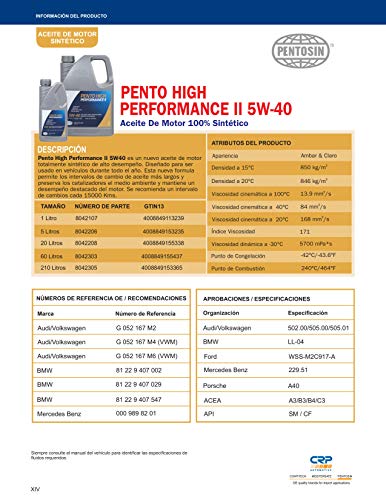 Pentosin 8042206 Pento High Performance II 5W-40 Full Synthetic Motor Oil for Four-Season Use; 5 Liter Jug
