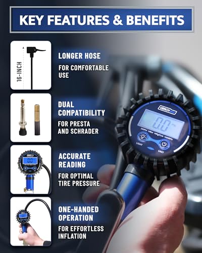 Presta Valve Air Chuck – Digital Bike Tire Inflator with Pressure Gauge – Schrader to Presta Valve Adapter for Air Compressor