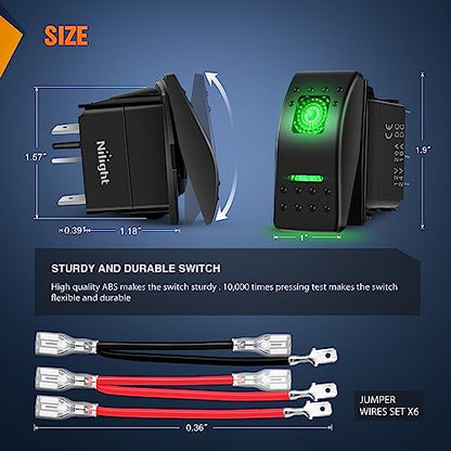 Nilight 3 Pack Rocker Switches 5 PIN with Night Glow DIY Stickers - color: Green 3 PCS