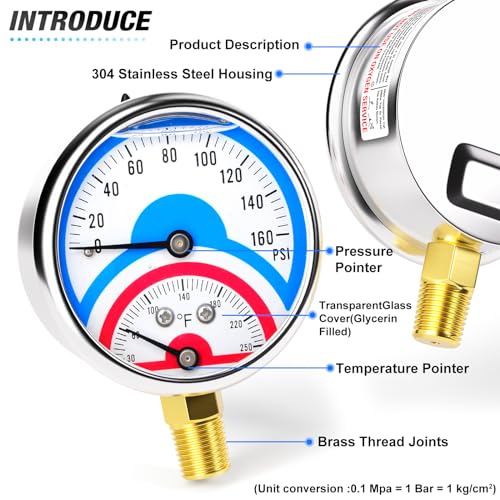 MEANLIN MEASURE 0-160Psi Stainless Steel Thermal Pressure Gauge 30-250℉ 1/4" NPT 2.5" FACE DIAL Liquid Filled Pressure Gauge, with 1/2" NPT and 3/8" NPT Hex Bushing, Lower Mount - size: Lower Mount, style: Liquid Filled