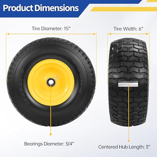 2 Pcs 15x6.00-6 Flat Free Lawn Mower Tire and Wheel, 3/4" & 5/8" Bearings - size: 2 Pcs 15x6.00-6 Flat Free