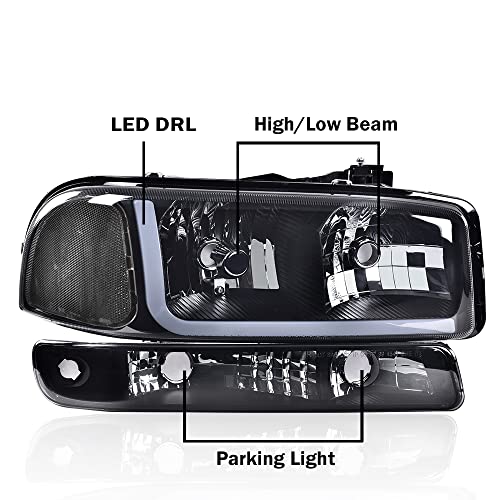 G-PLUS LED DRL Headlights Assembly Fit 1999-2007 GMC Sierra 1500 - size: [LED Smoky] 1999-2007 Sierra