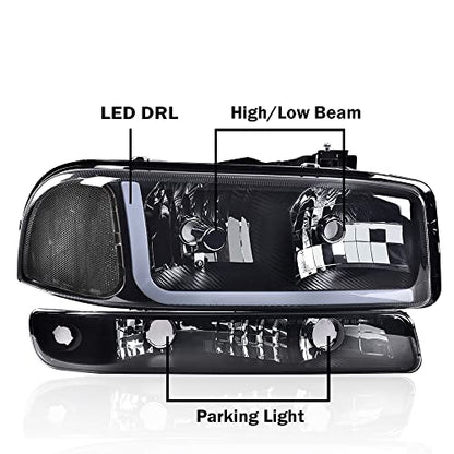 G-PLUS LED DRL Headlights Assembly Fit 1999-2007 GMC Sierra 1500 - size: [LED Smoky] 1999-2007 Sierra