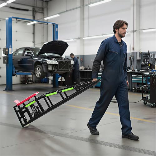 2PCS 5T Hydraulic Car Ramps, 11060 Lbs Heavy Duty Portable Vehicle Lift Ramps, Auto Hydraulic Service Ramps for Oil Change Vehicle Maintenance, Ideal for Home Garage Repair & Mens Gift - color: Red With Rolling Wheels