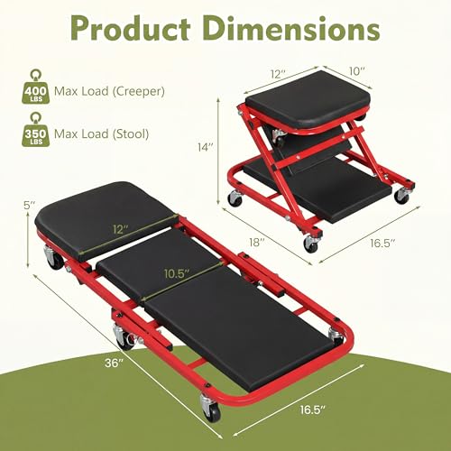 IRONMAX Folding Mechanic Z-Creeper, 2-in-1 Automotive Creeper & Stool, Red