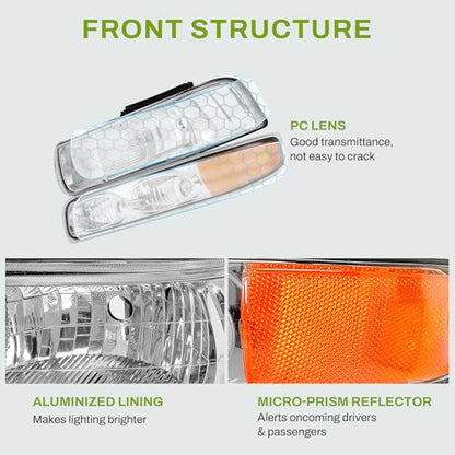 AUTOSAVER88 Headlight Assembly Compatible with 1999-2002 Chevy Silverado - color: Chrome Amber