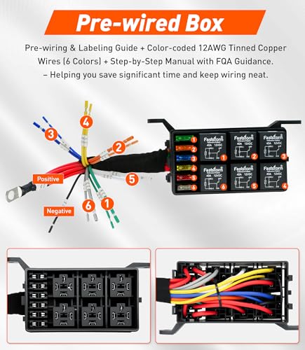 Fuse Relay Box, Relay Block Box Built-in Diodes 6 Way 12 AWG Pre-Wired Waterproof Relay Panel with Relays and Terminals, ATC/ATO Fuses Automotive Relay Box 12V for Automotive Car Marine Boat