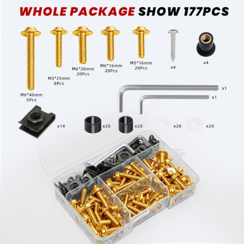 Motorcycle Fairing Bolt Kit 177Pcs, M5 M6 Stainless Steel, Gold - color: Gold