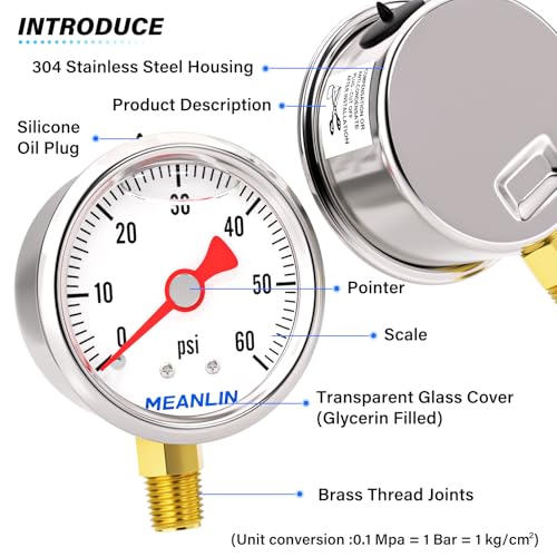 MEANLIN MEASURE 2pcs 0~60Psi Stainless Steel Liquid Filled, 1/8" NPT 1.5" Glycerin Filled Pressure Gauge, Water Oil Air, Lower Mount, with 1/4" NPT and 3/8" NPT Hex Bushing - size: 0-60Psi