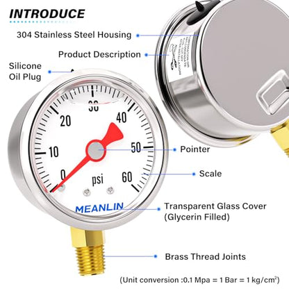 MEANLIN MEASURE 2pcs 0~60Psi Stainless Steel Liquid Filled, 1/8" NPT 1.5" Glycerin Filled Pressure Gauge, Water Oil Air, Lower Mount, with 1/4" NPT and 3/8" NPT Hex Bushing - size: 0-60Psi