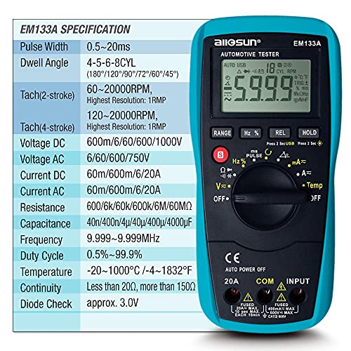 allsun EM133A Auto Multimeter AC/DC Volt Ohm Amp Tester Tool