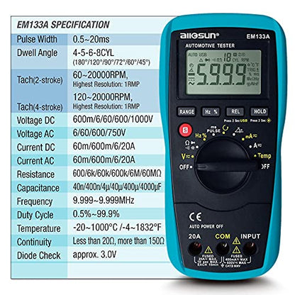 allsun EM133A Auto Multimeter AC/DC Volt Ohm Amp Tester Tool