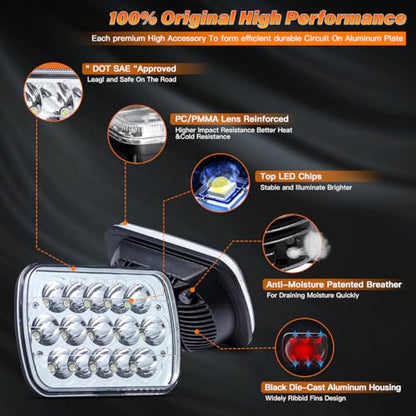 5x7 In LED Headlights with H4 Relay Wire DOT Approved High/Low Beam - size: 5X7 Led headlights+Harness