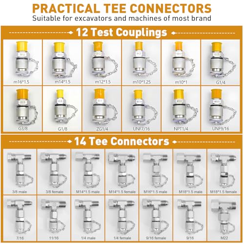 Hydraulic Pressure Test Kit, 600bar /10000psi / 60Mpa 5 Gauges 13 Test Couplings 14 Tee Connectors 5 Test Hoses, Hydraulic Test Gauge kit for Excavator Construction Machinery (5 Gauges) - size: 5 Gauges 13 Test Couplings