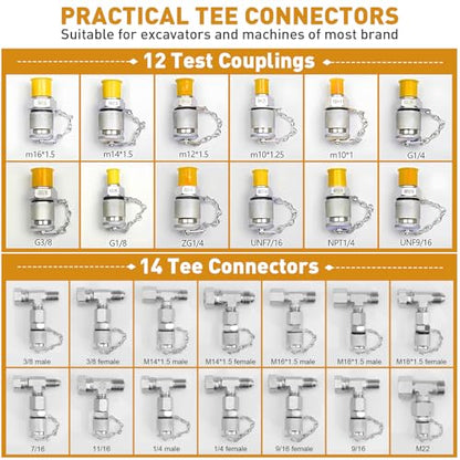 Hydraulic Pressure Test Kit, 600bar /10000psi / 60Mpa 5 Gauges 13 Test Couplings 14 Tee Connectors 5 Test Hoses, Hydraulic Test Gauge kit for Excavator Construction Machinery (5 Gauges) - size: 5 Gauges 13 Test Couplings