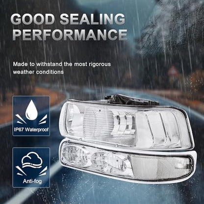 KUIPERAUTO Headlight Assembly Front Lamp Compatible with 1999-2002 Chevrolet Silverado 1500 2500 2000-2006 Suburban 1500 2500 Tahoe Chrome Housing/Clear lens/Clear Corner w/Bulb - color: Chrome/Clear/Clear