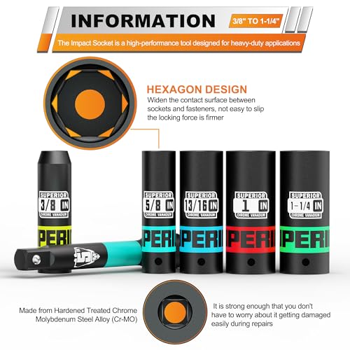 17 Piece 1/2" Drive Impact Socket Set, 3/8" - 1-1/4" Deep Socket, Include 3", 5", 10" Extension Bars, SAE, 6-Point, CR-V Steel, Cars, Motorcycles, Loosen the Fastening Nut - size: 1/2" Large SAE