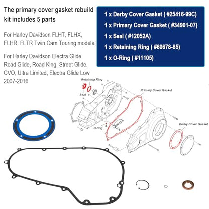 Primary Cover Gasket Seal Replacement Rebuild Parts Kit Oil Seals Fit for Harley Davidson Electra Glide, Road Glide, Road King, Street Glide, Ultra Limited Made 2007-2016