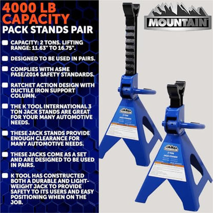 Mountain 52009 2 Ton Automotive Jack Stands for Garages, Repair Shops, and DIY, 4,000 lbs. Capacity, Lightweight, Heavy Duty Steel Frame, Adjustable Height 10.3"- 16.2", Wide Base, Black/Blue, Pair