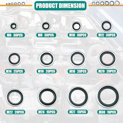 265PCS NBR Metal Bonded Sealing Washers Metric Zinc-Plated Self-Centred - color: 265pcs Sealing Washers