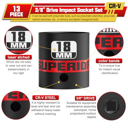 13 Piece 3/8" Drive Impact Socket Set, 7 mm-19 mm Shallow Socket, Metric, 6 Point, CR-V, Automotive Motorcycle and Bicycle Maintenance, Machinery Manufacturing - size: 3/8" Shallow Metric