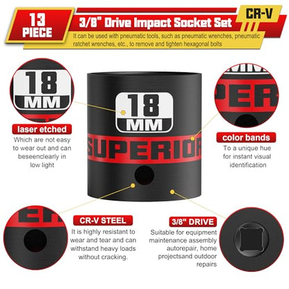 13 Piece 3/8" Drive Impact Socket Set, 7 mm-19 mm Shallow Socket, Metric, 6 Point, CR-V, Automotive Motorcycle and Bicycle Maintenance, Machinery Manufacturing - size: 3/8" Shallow Metric