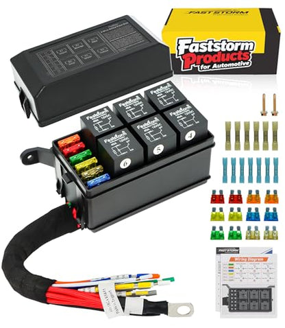 Fuse Relay Box, Relay Block Box Built-in Diodes 6 Way 12 AWG Pre-Wired Waterproof Relay Panel with Relays and Terminals, ATC/ATO Fuses Automotive Relay Box 12V for Automotive Car Marine Boat