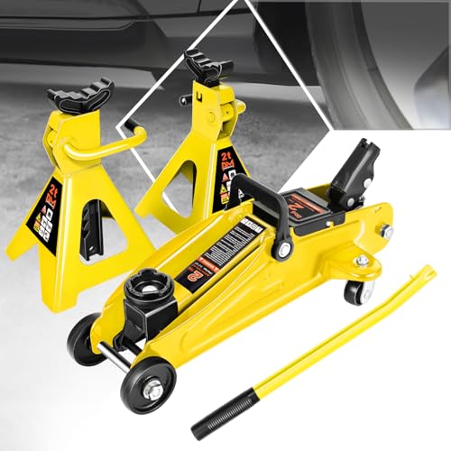 PM PERFORMOTOR Low Profile Hydraulic Trolley Service/Floor Jack Combo with 2 Ratchet Jack Stands, 2 Ton (4000 lbs) Capacity, Yellow,PM-TOL-FJ3P-YL - color: Yellow