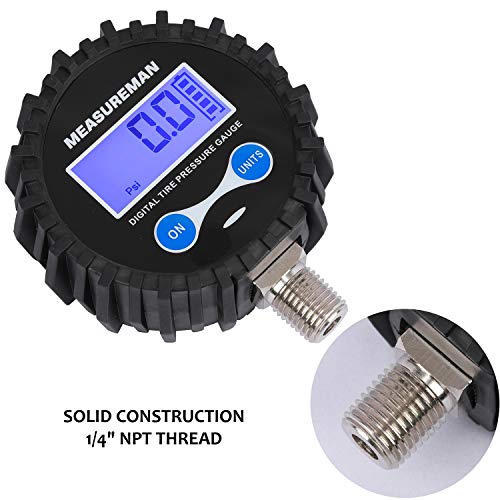 MEASUREMAN 2-1/2" Dial Size Digital Air Pressure Gauge with 1/4'' NPT Bottom Connector and Protective Boot, 0-60psi, Accuracy 1%, Battery Powered, with LED Light (Pack of 2) - size: Long thread (Pack of 2), style: 0-60psi