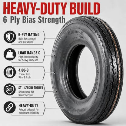 eCustomrim 2-Pack 4.80-8 480-8 8 Inch 6-Ply Bias Trailer Tire Load Range C