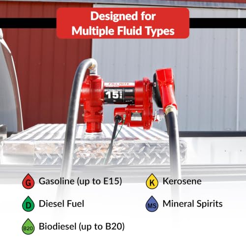 Fill-Rite FR1210HA 12V 15 GPM Fuel Transfer Pump with Discharge Hose & Automatic Nozzle, Red | Gasoline, Diesel, Kerosene, Ethanol & Methanol Blends & Biodiesel - style: Auto Nozzle (Red)