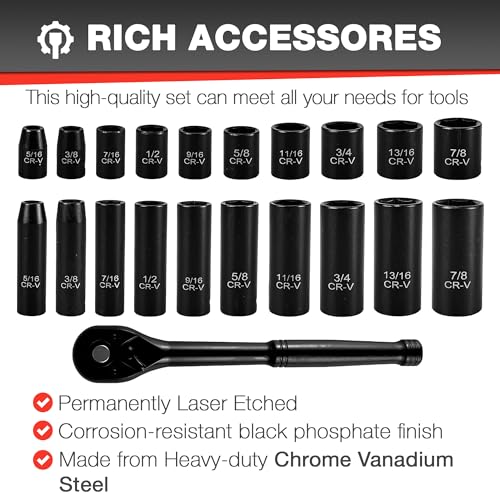 EACELIY 21pcs 3/8" Socket Set,Drive Impact Socket Set, SAE, Deep & Shallow, Cr-V Steel, 6 Point with Adapters, 72T Ratchet Handle, 5/16-7/8inch - size: 21 PCS (5/16"-7/8")