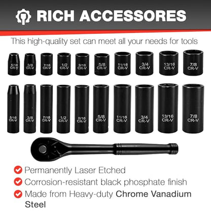 EACELIY 21pcs 3/8" Socket Set,Drive Impact Socket Set, SAE, Deep & Shallow, Cr-V Steel, 6 Point with Adapters, 72T Ratchet Handle, 5/16-7/8inch - size: 21 PCS (5/16"-7/8")