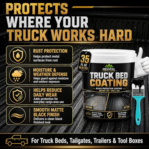 Meuvcol Truck Bed Liner Paint, 35 Oz Black Protective Coating for Pickup Beds, Tailgates, Trailers, Tool Boxes & Metal Surfaces, Brush-On or Roll-On Application with Brush, Gloves & Sandpaper