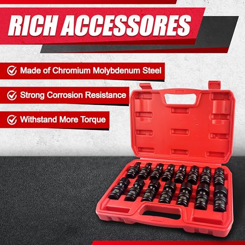 15PCS 3/8" Drive Shallow Universal Impact Socket Set,Swivel Socket Set,Metric Flexible Wobble Sockets, CR-MO,8-22mm, 6 Point - size: 15 PCS (5/16"-7/8")