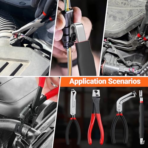 Preciva 5 Pcs Automotive Electrical Connector Disconnect Tool Kit,Wire Harness Release Pliers, Depin Tool & Hose Clamp Pliers Electric Plug Pliers for Cars, Automotive Wire Locking Push Tab - color: Black+red